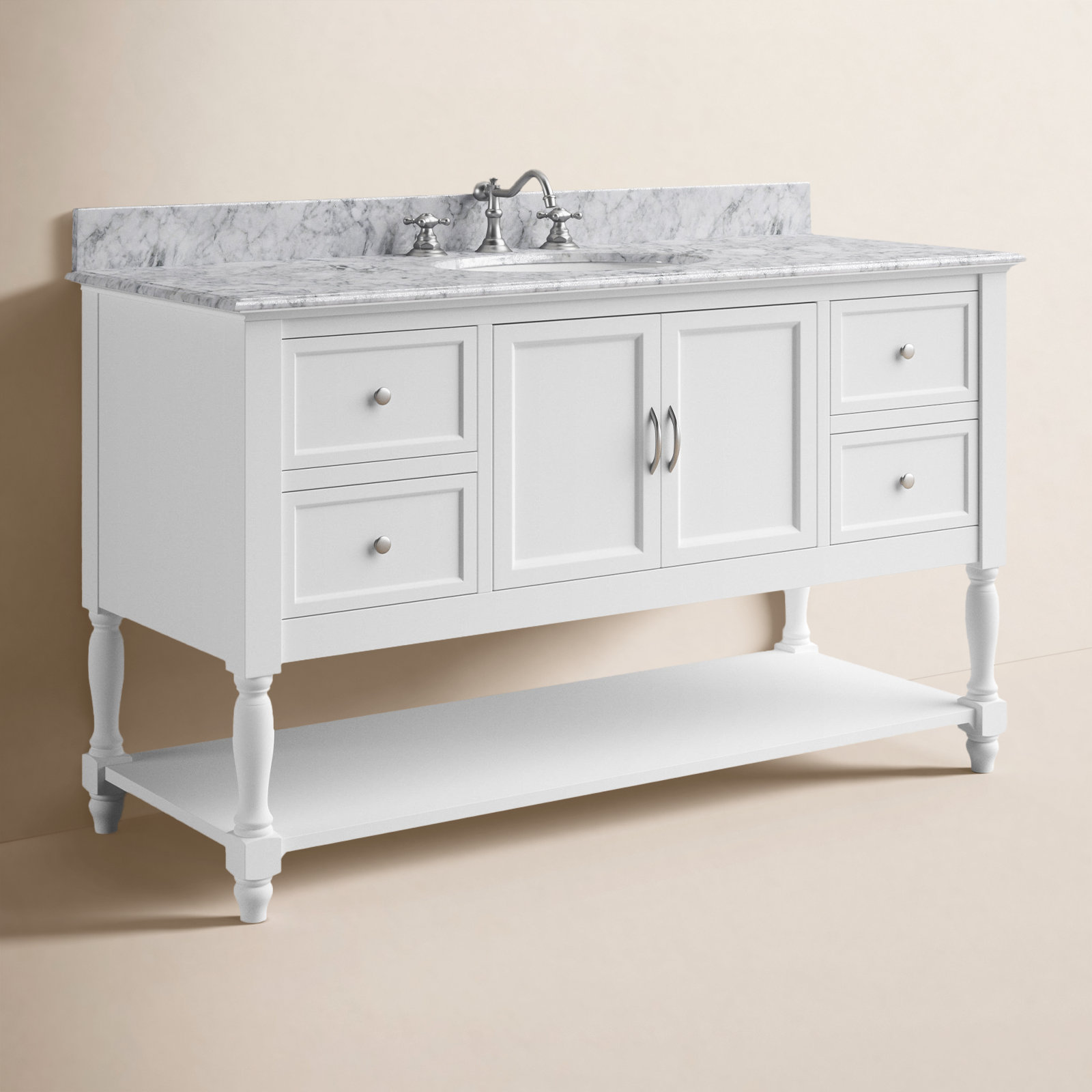 Hampton 60'' Single Bathroom Vanity, White, Carrara Marble