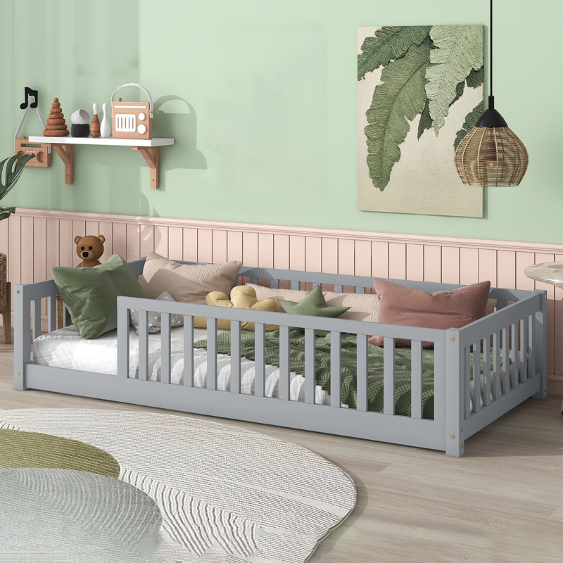 Twin Solid Wood Floor Bed With Fence Guardrails, Grey