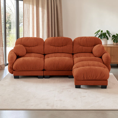Canapé modulaire en tissu chenille confortable à 3 places avec siège en mousse haute densité Wilroy, canapé modulaire en forme de L avec repose-pieds, accoudoirs arrondis arrondis et 2 coussins ronds Wilroy