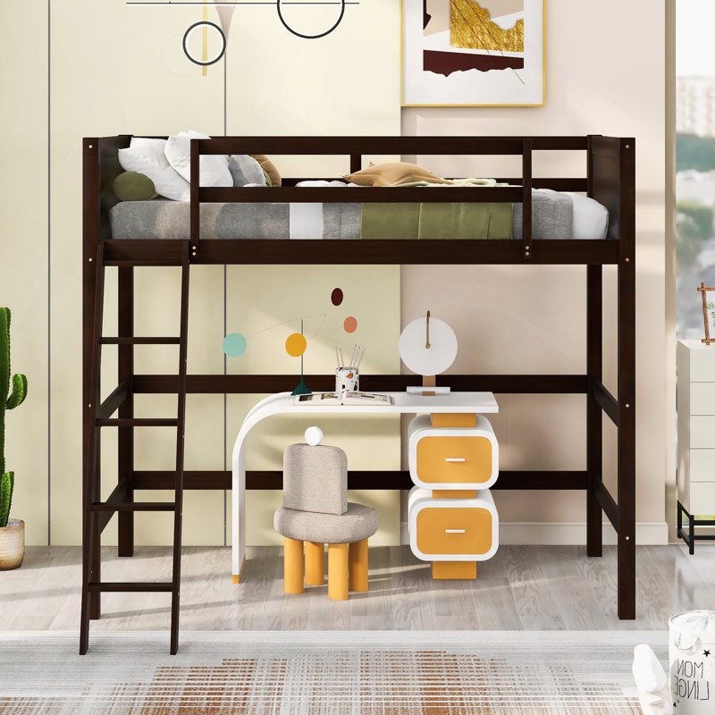 Lit mezzanine simple en bois massif avec échelle, Blanc