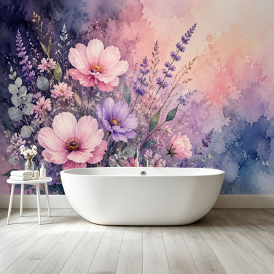 Peler et coller le papier peint, aquarelle, bouquet floral, rose, mauve, cosmos, fleurs, art abstrait abstrait, adhésif et amovible
