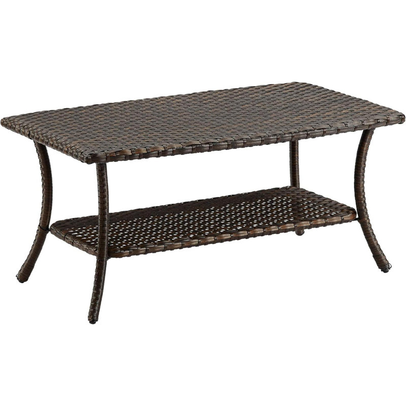 Outdoor Wicker Coffee Table, Patio Coffee Table With 2-Tier Storage Shelf With PP Board For Patio Conversation Set
