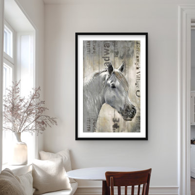 Cheval blanc rustique - reproduction encadrée avec passe-partout | Décor de ferme