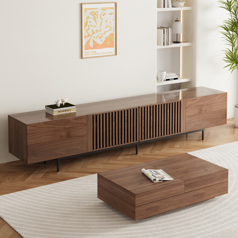 94.48'' Modern TV Stand with Slatted Doors, Extra Long Entertainment Center for TVs up to 100 Inch, Media Console with Storage Cabinets & Shelves for Living Room