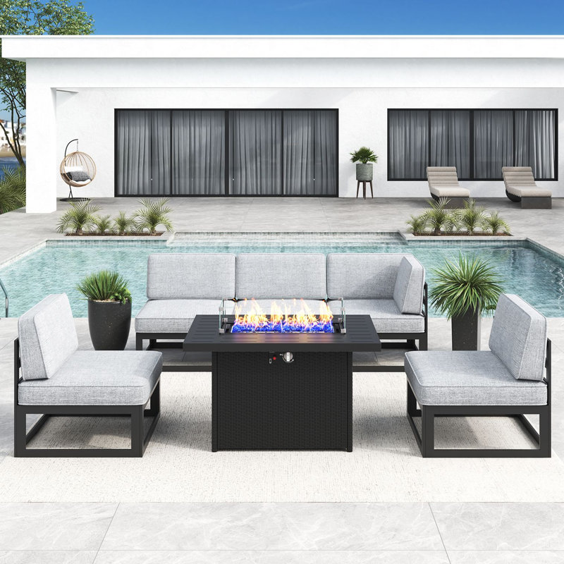Ensemble modulaire d'extérieur 6 pièces avec table de feu, Gris