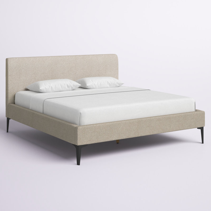 Beige King Upholstered Platform Bed with Wood Frame