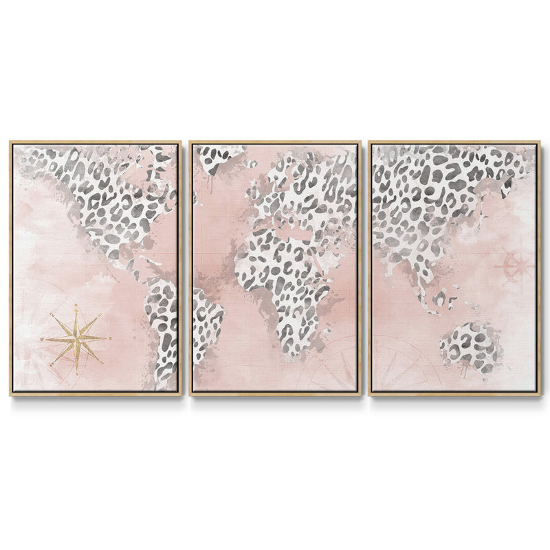 Carte rose du guépard - Toile encadrée multi-pièces, H 40 po x l 78 po x P 2 po, Naturel