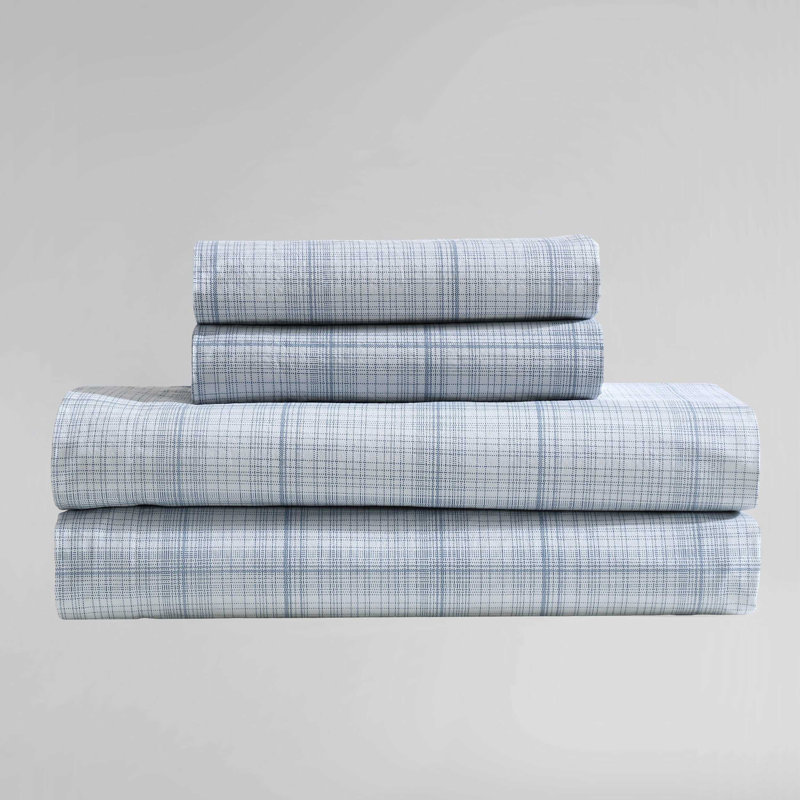 Ensemble de draps en coton Calvin Klein, Ensemble de draps pour grand lit avec 2 taies d'or, Carreauté, bleu