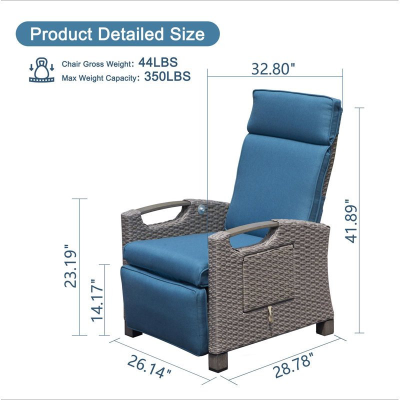 Outdoor Recliner Chair, Patio Recliner With Hand-Woven Wicker, Flip Table Push Back, Adjustable Angle, Thickness Cushions, Reclining Lounge Chair For Indoor And Outdoor