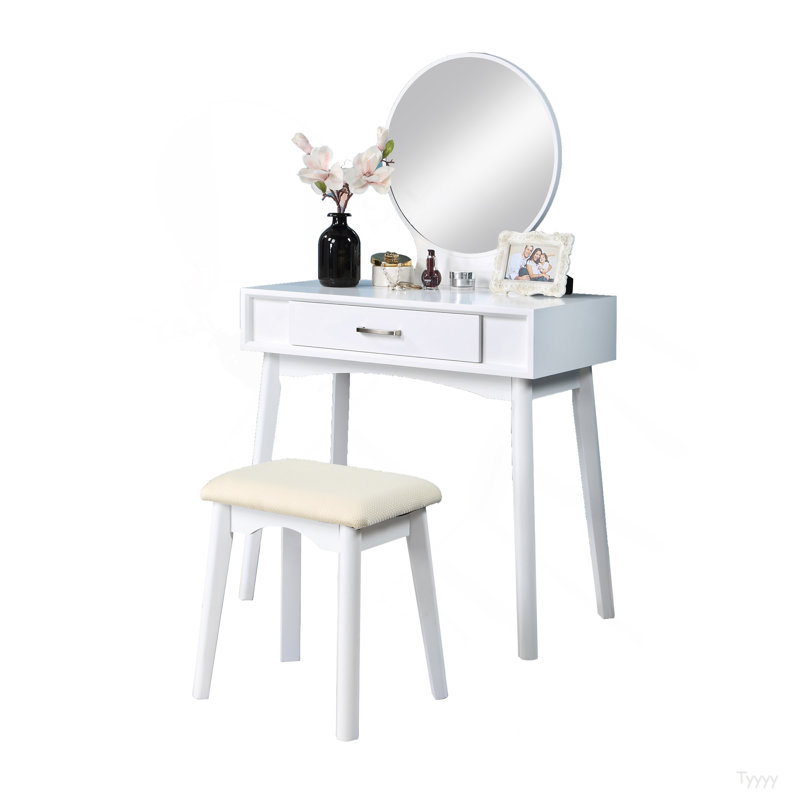 Maly Contemporary Wood Vanity And Stool Set, White, White