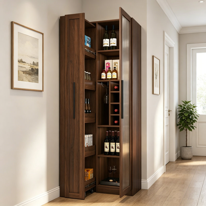 Tall Bar Cabinet With Multi-Functional Pull-Out Multi-Tier Storage Shelf,Wine Rack, Storage Cabinet With Glass Doors,Wheels