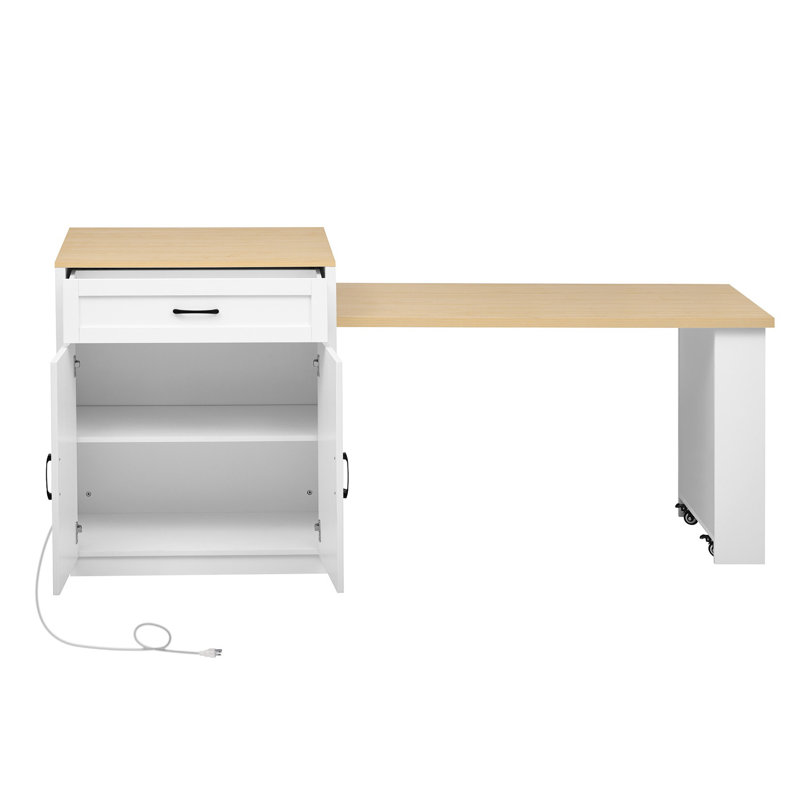 82.7 Inch Kitchen Island With Extendable Dining Table For 4-6 Person,Two-Tone Kitchen Table With Double-Sized Storage, Power Outlet, Kitchen Island With Storage 2 Drawers 2 Side Open Shelves,White