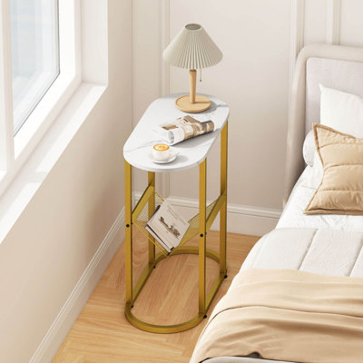 Table de bout avec plateau en faux marbre et porte-revues Cadre en métal robuste blanc
