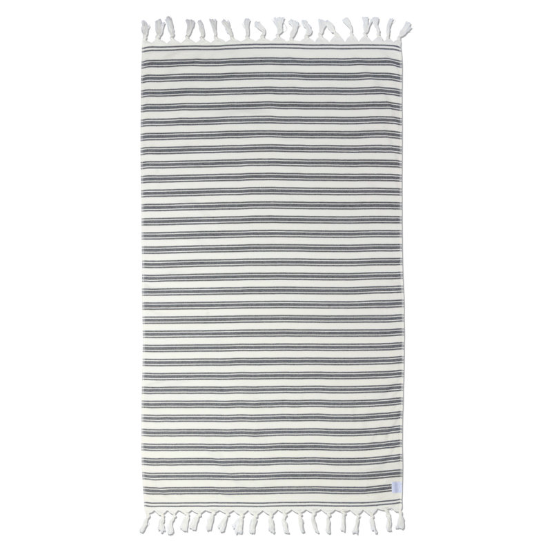 Chanyah Bask Turkish Bath Towel with Terry Cloth Lining, Luxe Striped Beach Fouta, 100% Organic Cotton , 68” x 37”, Black