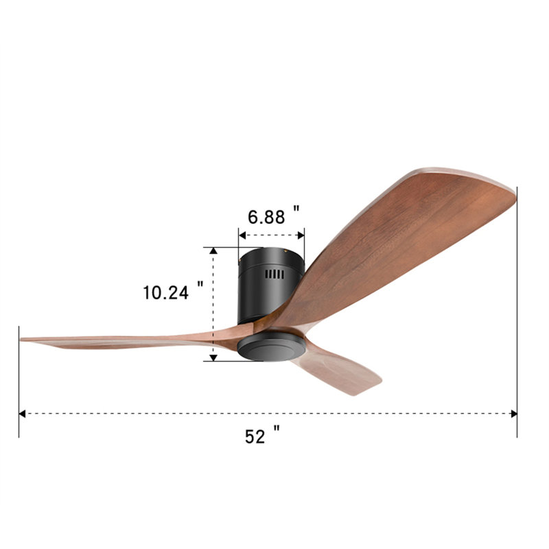 52 Inch Low Profile Ceiling Fan DC 3 Carved Wood Fan Blade Noiseless Reversible Motor Remote Control Without Light
