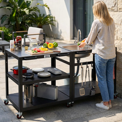 Outdoor Kitchen Series 2 Piece Modular Outdoor Kitchen Set, Stainless Steel Cooking and Sink Station with Storage, Movable Casters for Backyard, Garden, Patio