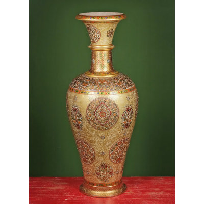 Handmade 36-Inch Large Marble Flower Vase – Ornate Golden Filigree & Hand-Painted Floral Medallions, Premium Indian Statement Decor