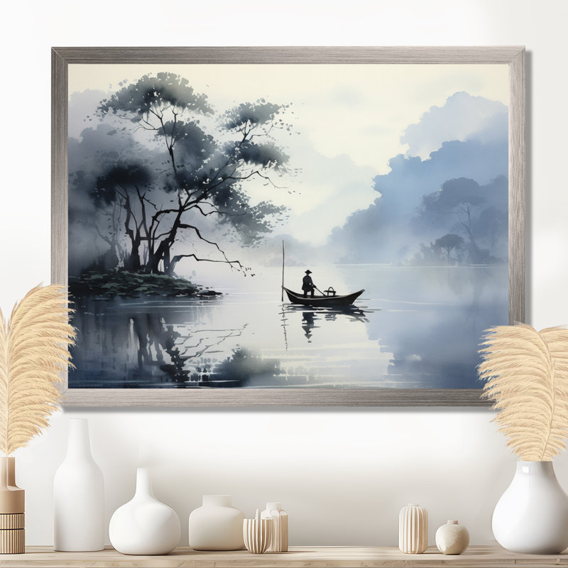 «Asian Art Ink Lake II», art mural asiatique, H 16 po x l 32 po x P 1 po, Toile tendue