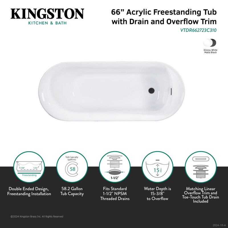 Baignoire autoportante ovale à double extrémité en acrylique Aqua Eden de 66 pouces avec drain et surface antidérapante Kingston Brass Kingston