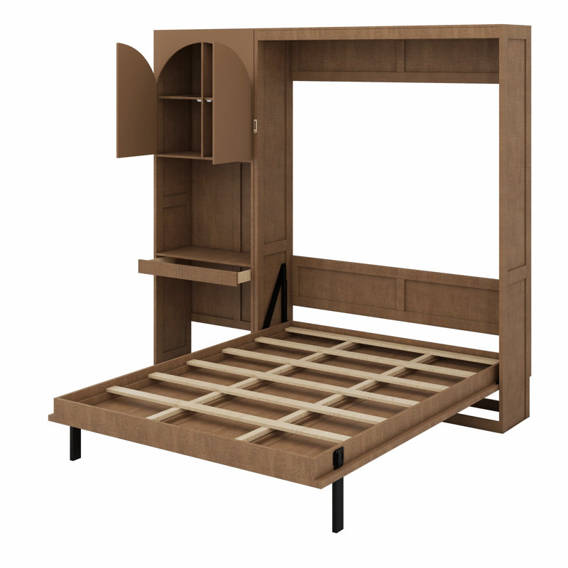 Lit mural peu encombrant avec armoire réversible de gauche à droite, éclairage DEL et tiroir, Walnut