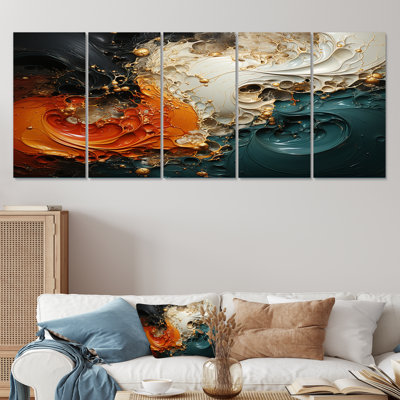 «Orange and Gold Marble Lava II», peinture abstraite, art mural 5 pièces