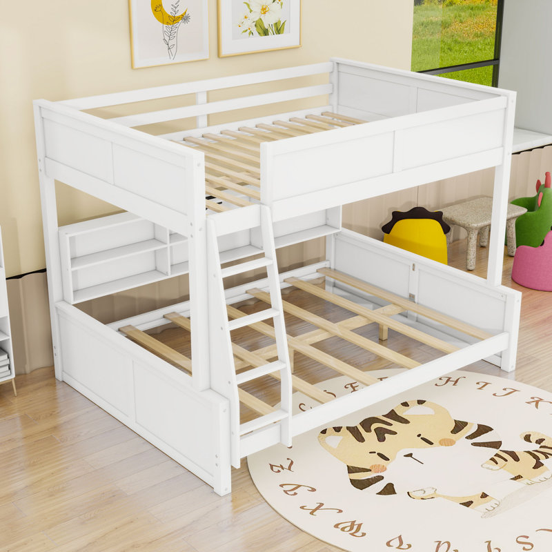 Wood Bunk Bed With Built-In USB Ports And Shelves,Ladder, Antique White, Full XL Over Queen