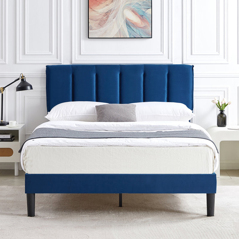 Auxter Upholstered Platform Bed Frame with Vertical Channel Tufted Adjustable Headboard, Velvet Fabric Mattress Foundation with Strong Wooden Slats, Heavy Duty, No Box Spring Needed, Noise-Free