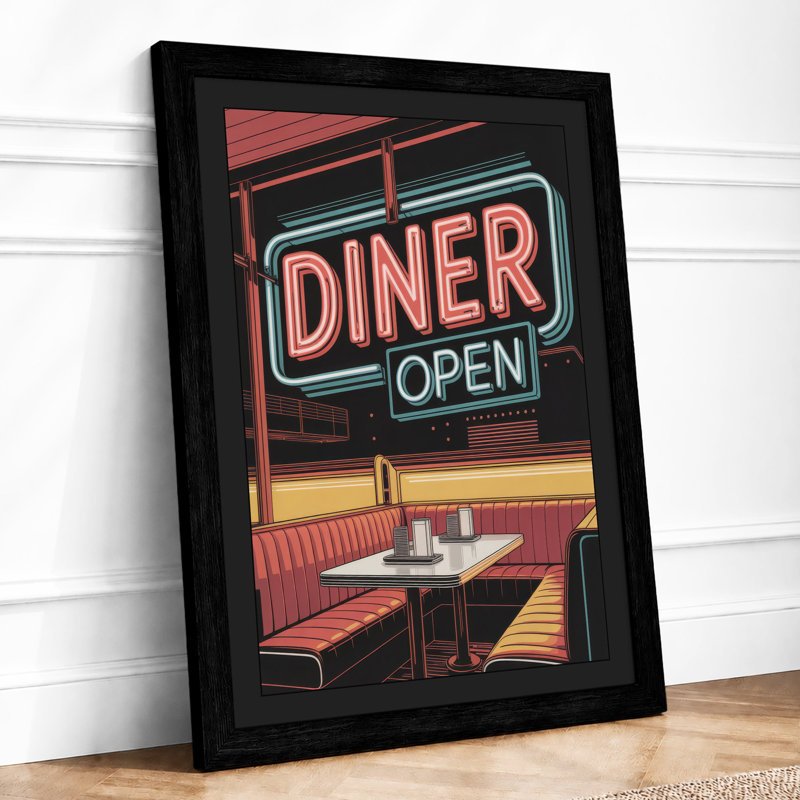 Neon Diner Sign Retro - Framed Print, Black, A3 - 42.0 x 29.7 cm