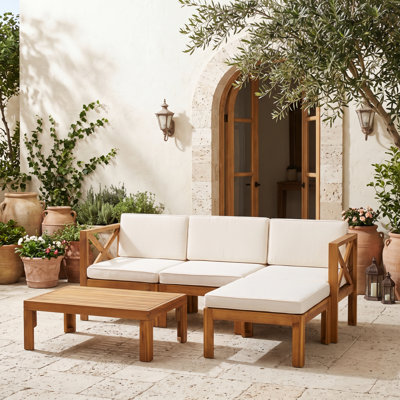 Ensemble de canapé modulaire en bois d'acacia avec dossier en X 5 pièces avec repose-pieds, table basse et housses de coussin amovibles, beige