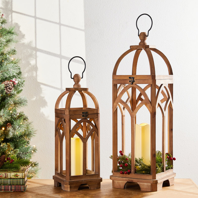 One Allium Way Farmhouse Church Window Wood and Metal Lantern (Set of 2), Brown