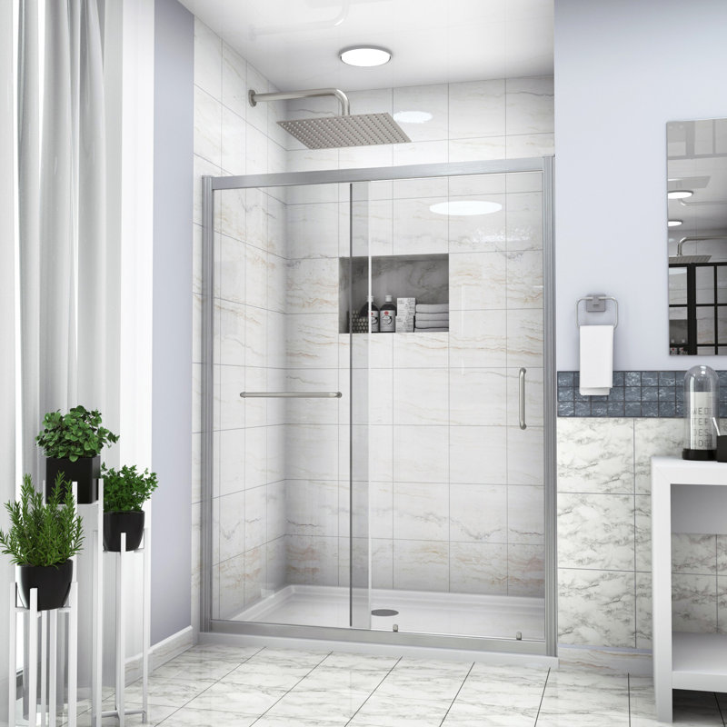 Porte de douche 60 po x 72 po, coulissante simple, nickel brossé - verre trempé de qualité, option de modernisation de la salle de bain coulissante, 72 po, Essentiel de première classe