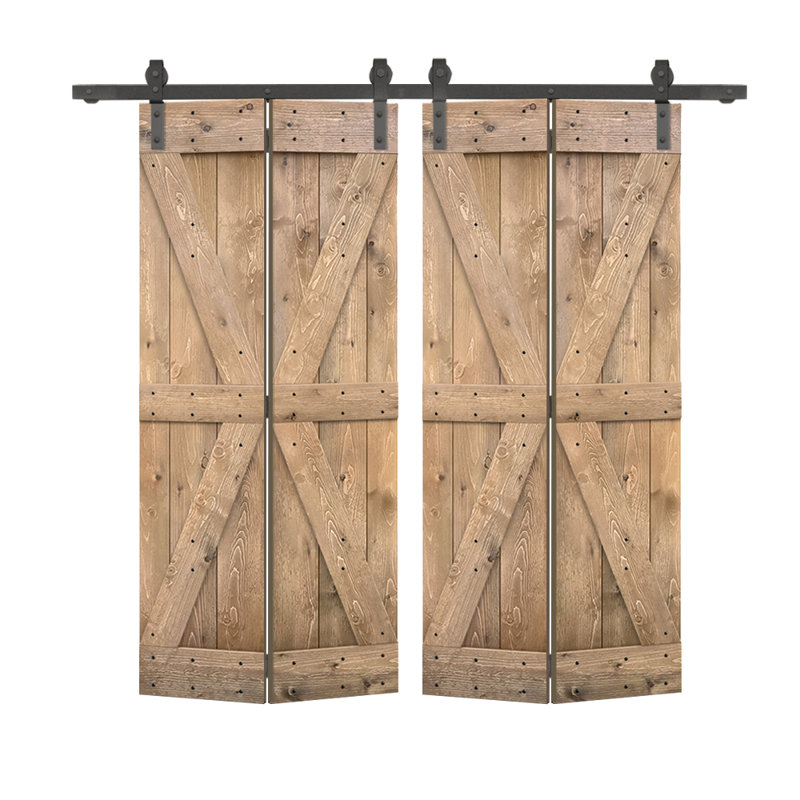 Porte de grange pliante en bois de pin avec quincaillerie coulissante, Marron clair, 48 po x 84 po