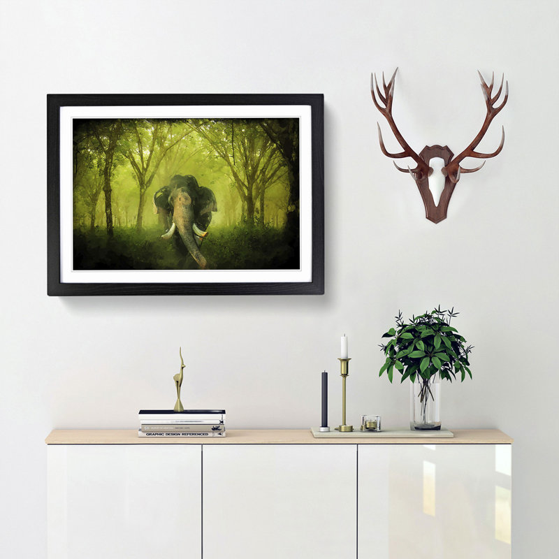 Marvellous Elephant in a Green Forest in Abstract - Picture Frame Painting Print, Black, 40cm H x 60cm W x 2cm D