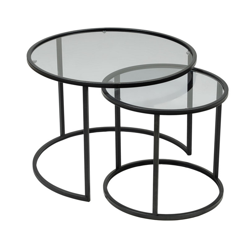 Modern Coffee Table Set (2 Pieces), Black Tempered Glass & Metal Frame | Small Table: 16.5 x 15.4 x 16.5 inches, Large Table: 23.6 x 17.0 x 23.6 inches | Durable, Stylish Design for Living Room & Office Décor