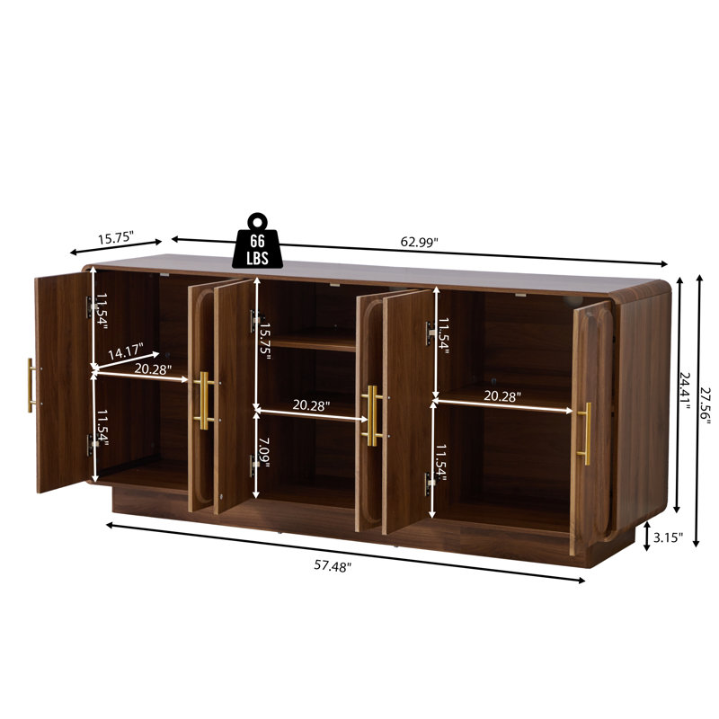 62.99'' Wide Sideboard With Adjustable Shelf, Walnut