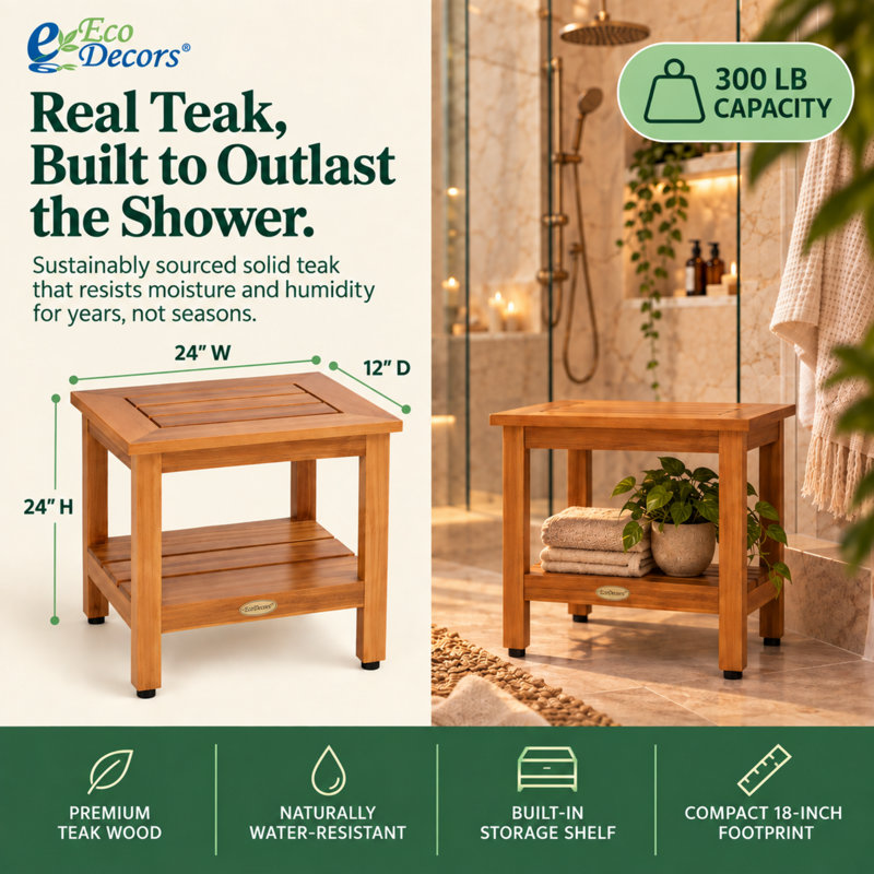 Banc de douche EcoDecors Eleganto en teck de 61 cm avec tablette, siège de spa imperméable