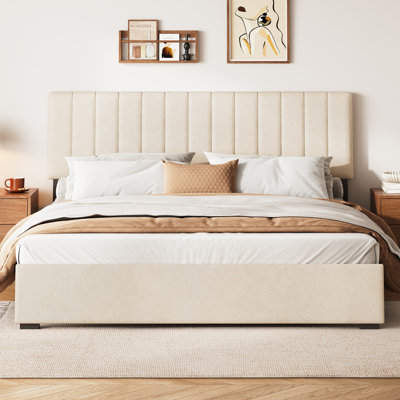 Lit plateforme King Size en velours avec tête de lit réglable et sommier à lattes métalliques, beige