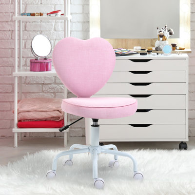 Chaise de bureau rose avec roulettes pivotantes à 360° et hauteur réglable, dossier en forme de cœur, rembourrage en lin rose, assise pivotante, coussin