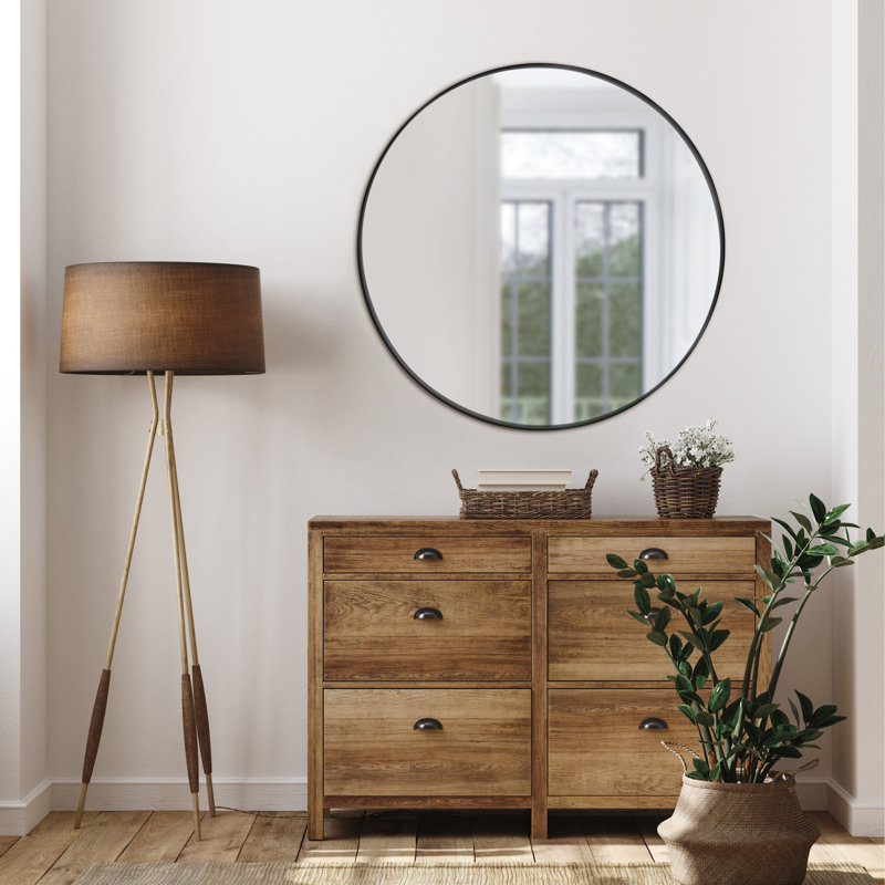 Adrihanna Round Wall Mirror With Frame,, Matte Black, 36" x 36"