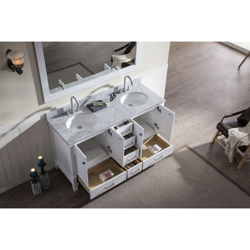 Amariani 61'' Double Bathroom Vanity with Carrara Marble Top, White / Brushed Nickel