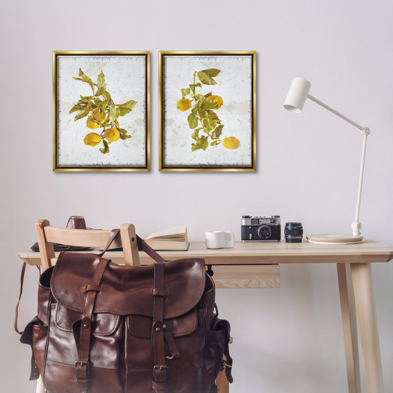 "Rustic Lemons And Leaves" par Graffitee Studios 2 - Pièces sur toile, Cadre flottant métallique doré, H 21 po x l 17 po
