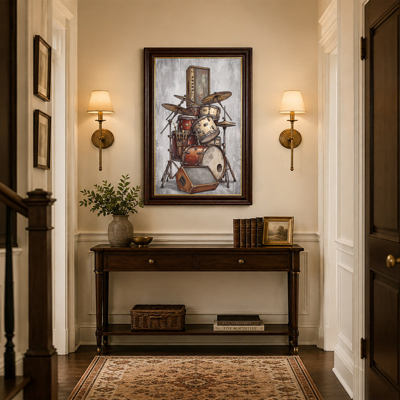Tableau sur toile représentant une batterie vintage avec amplificateurs et cymbales, H 18 po x l 12 po