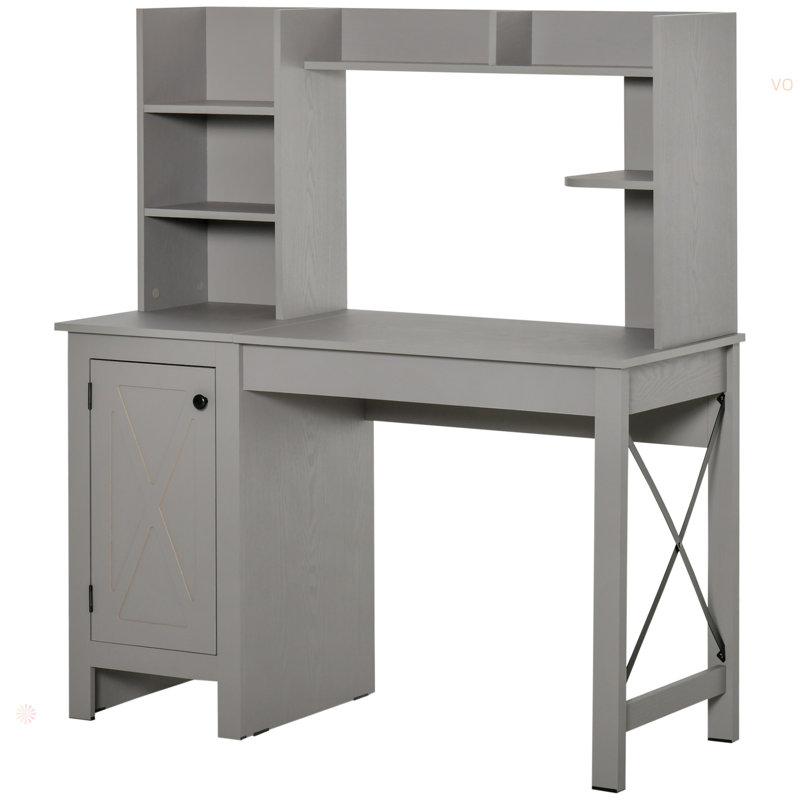 Bureau d'ordinateur de ferme avec huche et armoire, bureau à domicile avec rangement, pour bureau, Gris clair