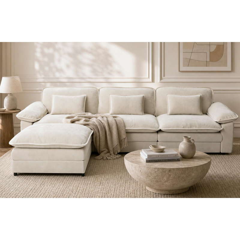 Canapé d'angle modulaire de 310 cm, canapé nuage en forme de L pour salon, beige, 4 places confortables et surdimensionnées, structure robuste, tissu chenille doux, avec 3 coussins décoratifs et un pouf amovible.