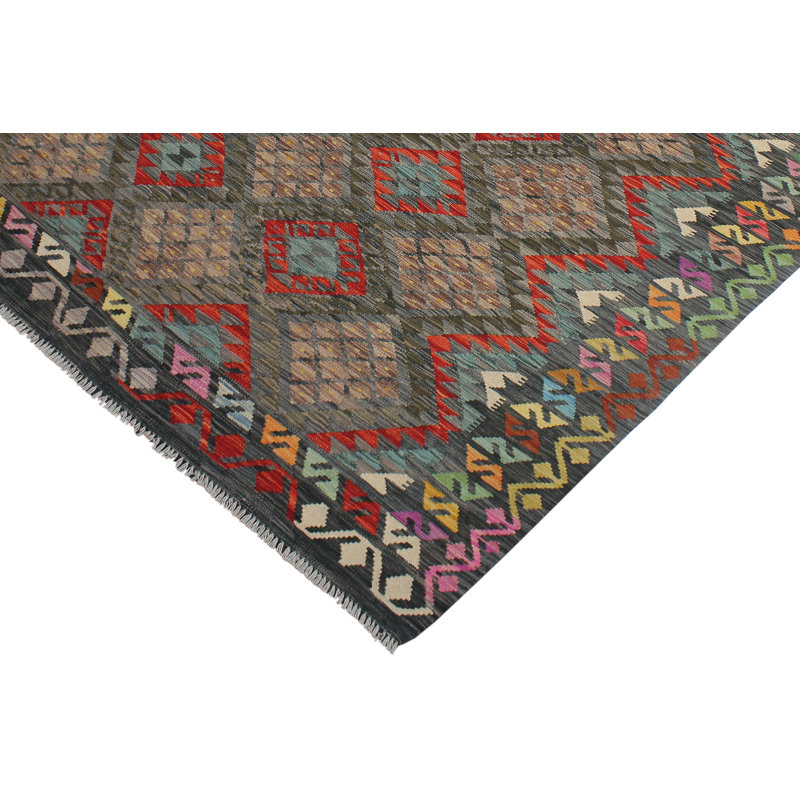 Tapis gris anthracite / vert / rouge en laine noué à la main 6 pi 8 po x 9 pi 9 po Cedorah Southwestern