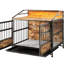 Cage pour chien avec accès à 3 portes et plateau escamotable, brun, pour les chiens d'intérieur de moyenne / grande taille, cadre renforcé, planche de qualité P2 imperméable, double rangement de style meuble sans effort