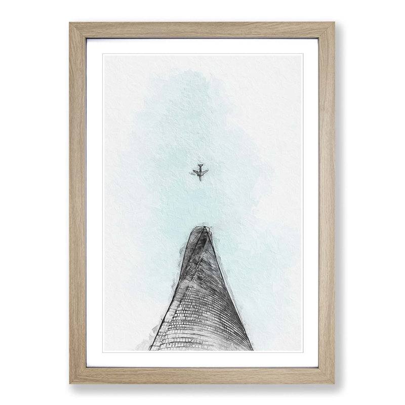 Airplane Above The World In Abstract - Single Picture Frame Painting, Oak Framed, 33cm H x 24cm W x 2cm D