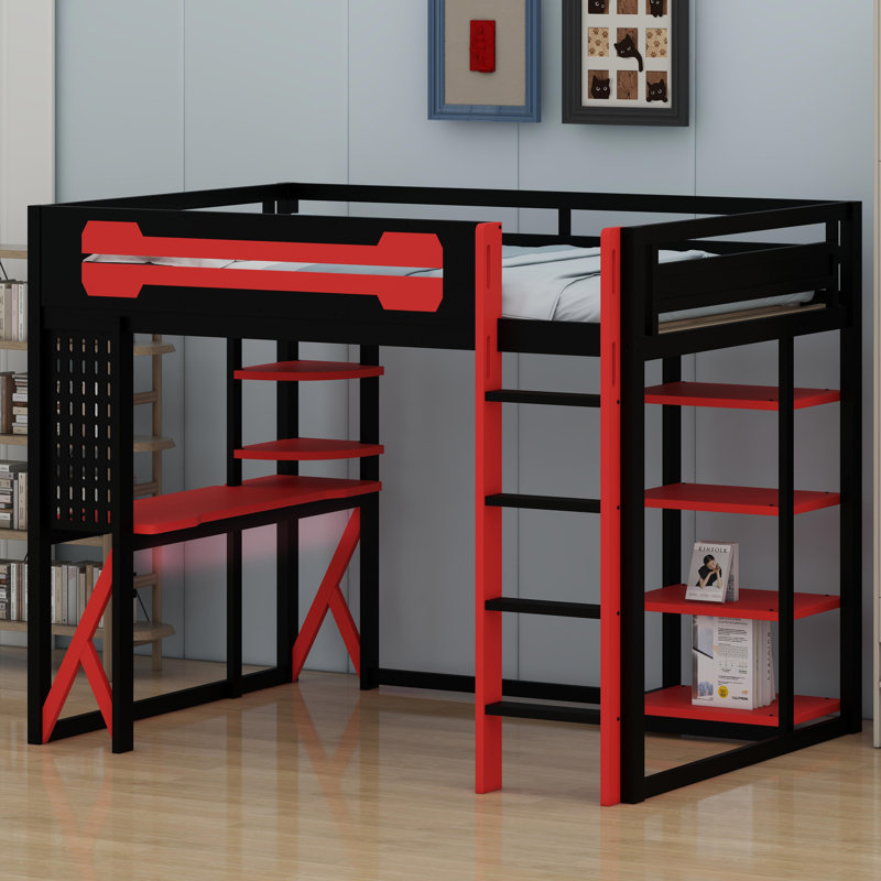Système de lit mezzanine tout-en-un avec bureau, rangement, charge rapide et lumières RVB personnalisables, Noir et rouge