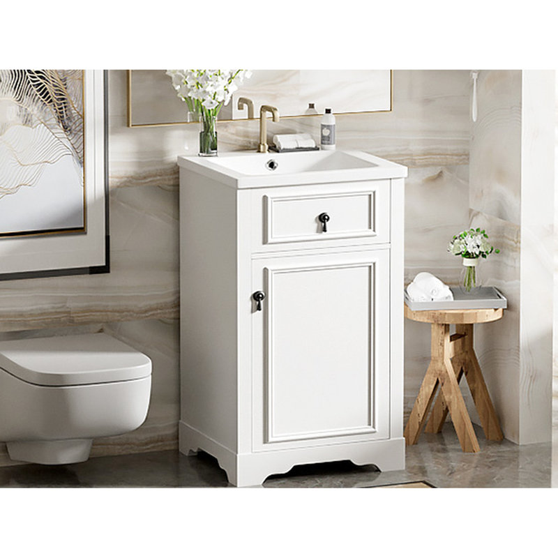 Meuble-lavabo de 20 po, lavabo en céramique, porte à fermeture en douceur, tablette réglable et rangement fixé à la porte, blanc, moderne pour porte de salle de bain à fermeture en douceur, petits espaces
