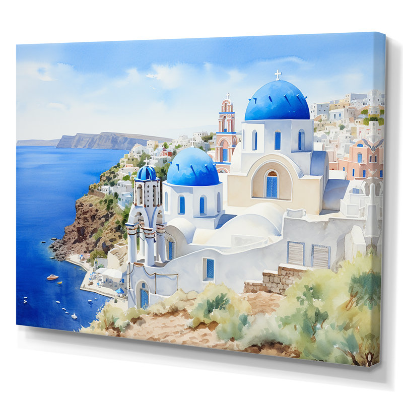 «Blue and White Greek Isles Village III - Grèce», art mural, Toile tendue, H 16 po x l 32 po x P 1 po